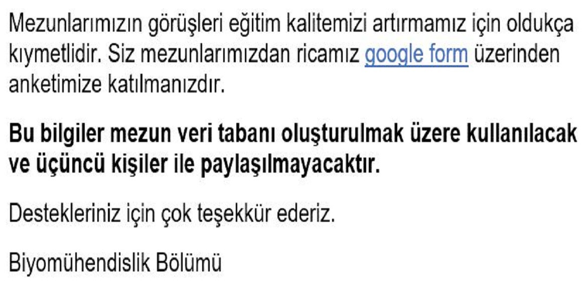 Mezun anketi için google forms linkini içermektedir.